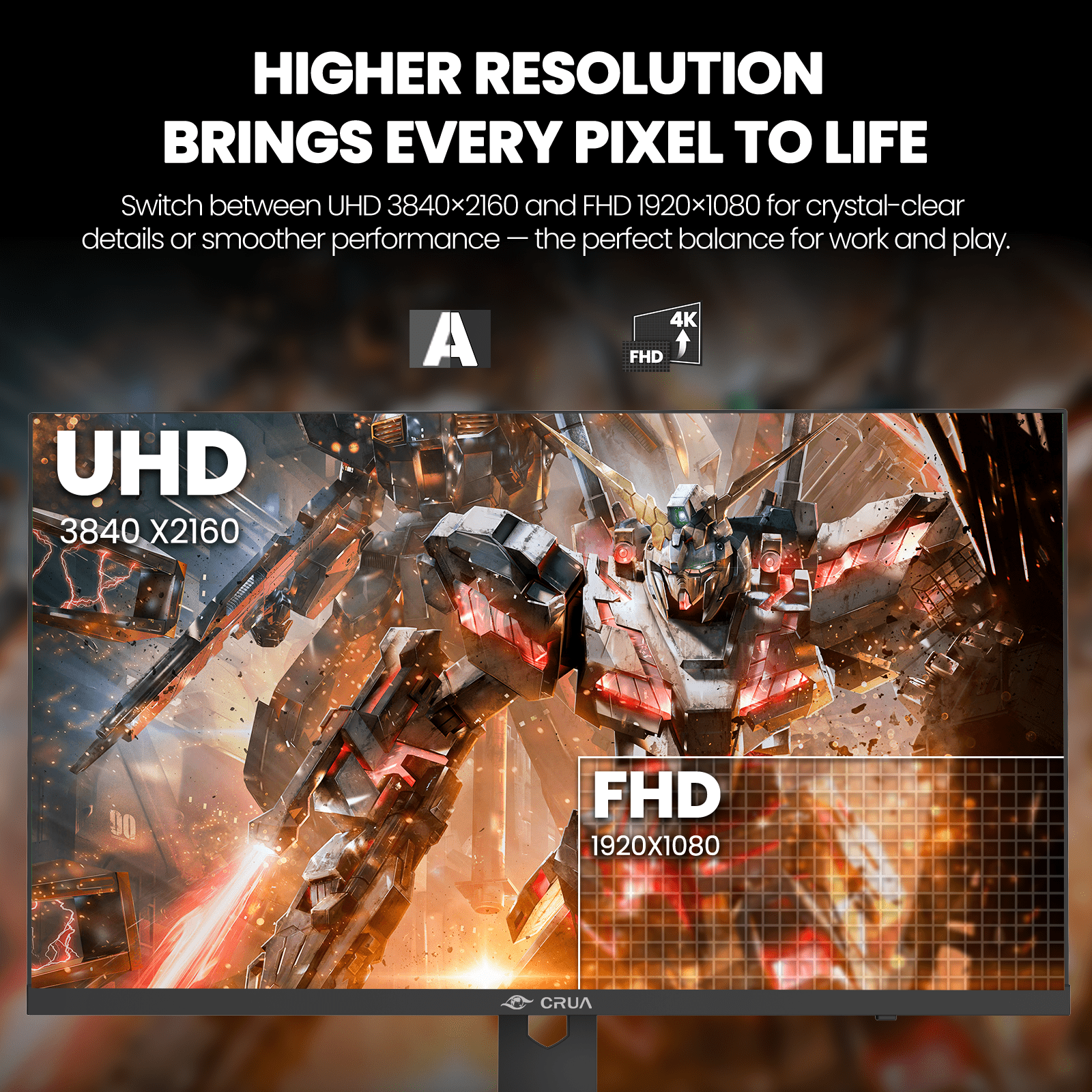 CRUA 27" 160Hz Gaming Monitor, IPS UHD(3840x2160P), 120% SRGB, Support FreeSync, Height adjustable, Lighting effects, Built-in Speakers, HDMI & DP, Black