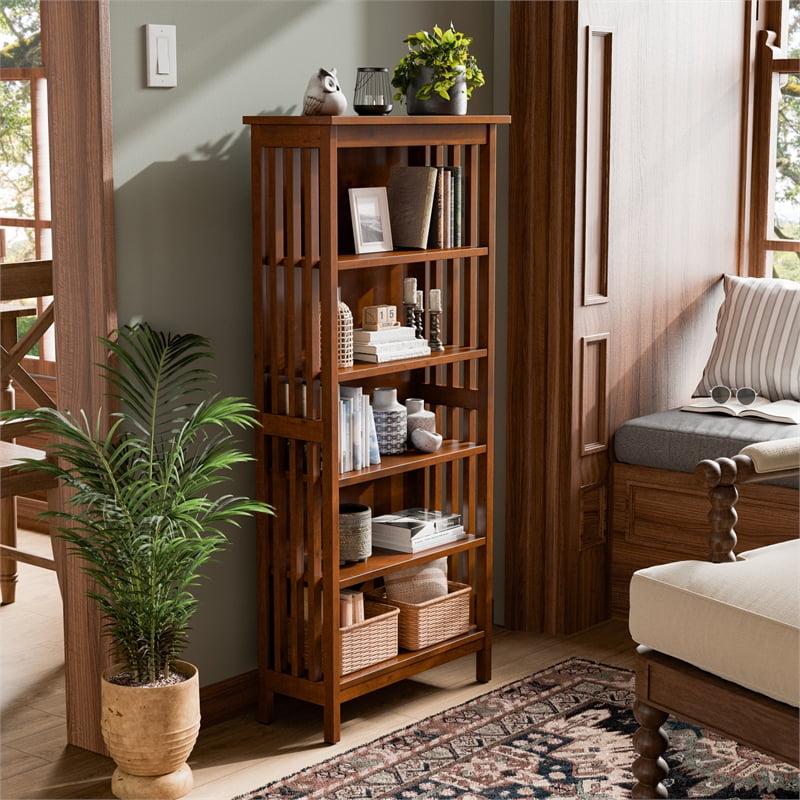 Furniture of America Davis Wood 5-Shelf Bookcase in Antique Oak