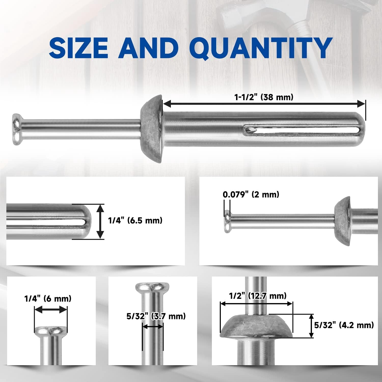MEITE 3 Boxes (100 Pcs/Box) Hammer Drive Anchors 1/4" x 1-1/2", Heavy Duty Masonry & Concrete Anchors, Zinc-Plated Steel, Rust-Resistant