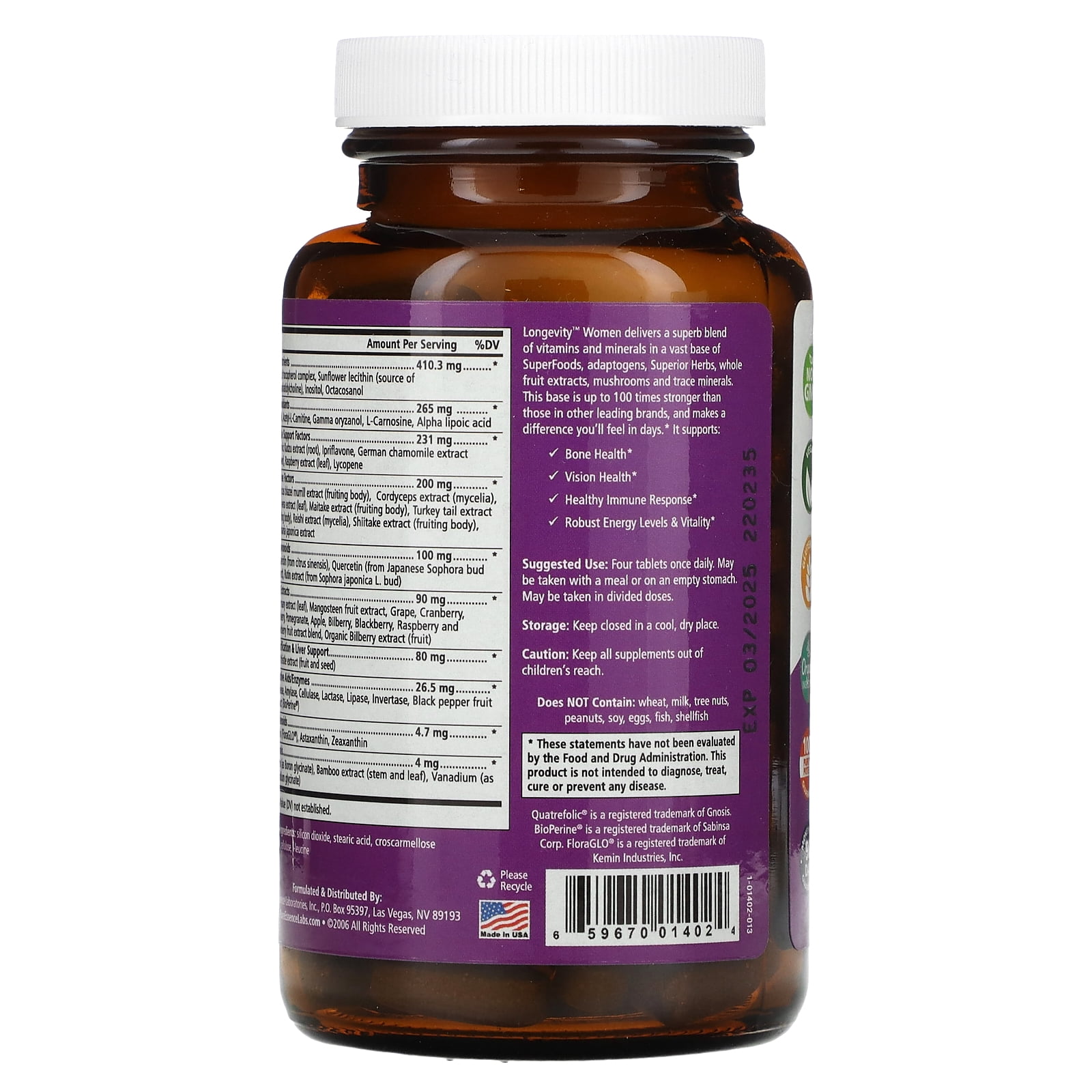 Longevity Women 50+ Multivitamin - Whole Food Supplement with Superfoods, Minerals, Enzymes, Vitamin D, D3, B12, Biotin by Pure Essence - 120 Tablets