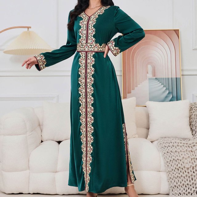 Amzcrzy Robes Musulmanes pour Femmes, Jupe en Polyester, Mode Été, Imprimé, Manches Longues, Robe Longue pour Femmes