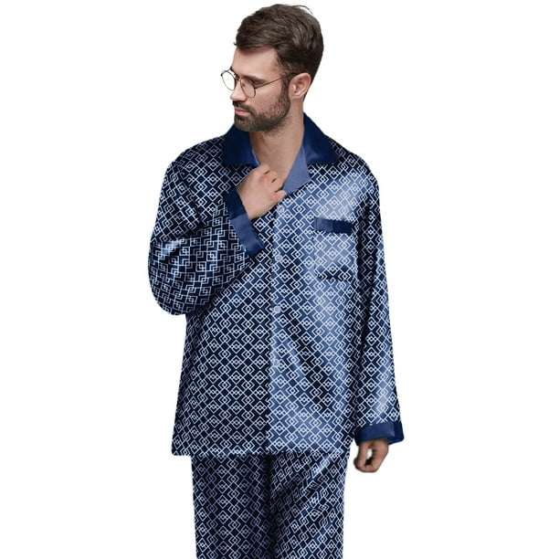 Mens & Tall Pajama Set Button Down, Drawstring & Pockets - Long Sleeve Satin Sleepwear PJs (Blue, XLarge) - Walmart.com
