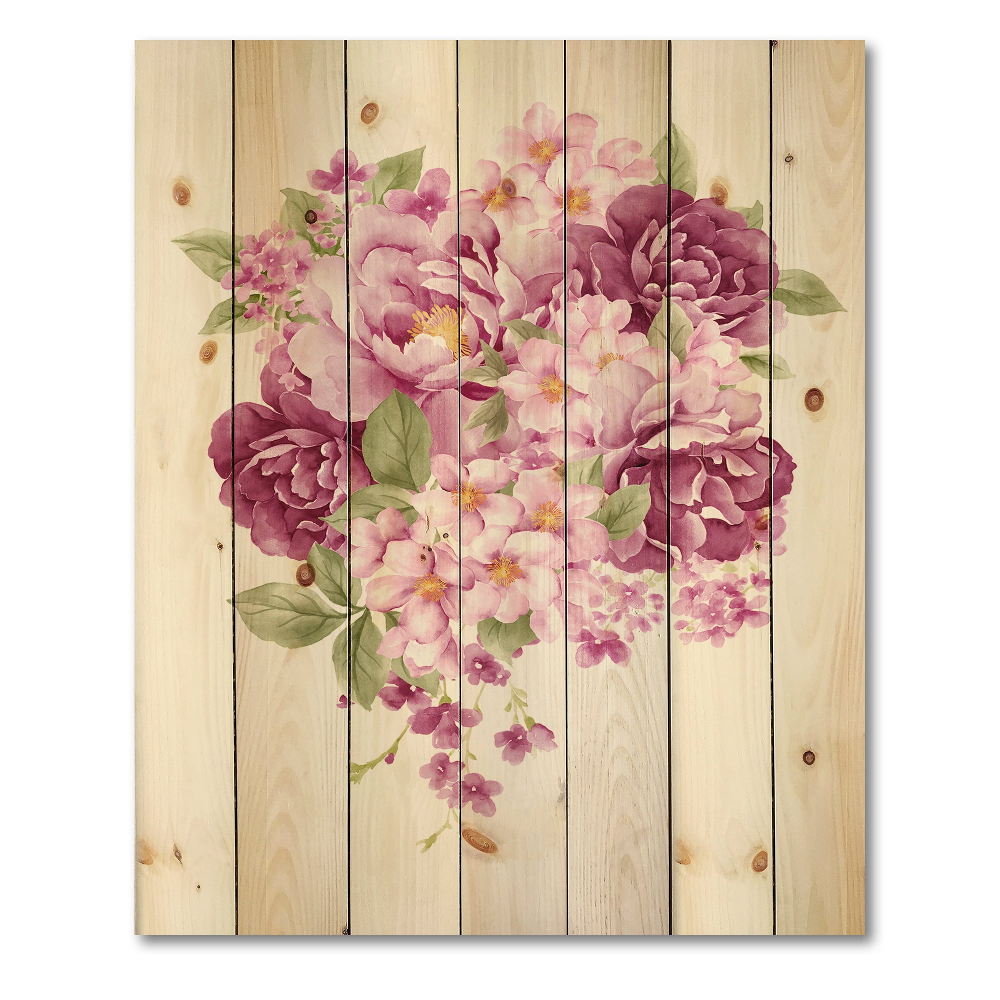 Designart 'Bouquet Of Pink Retro Flowers' Traditional Print on Natural Pine Wood