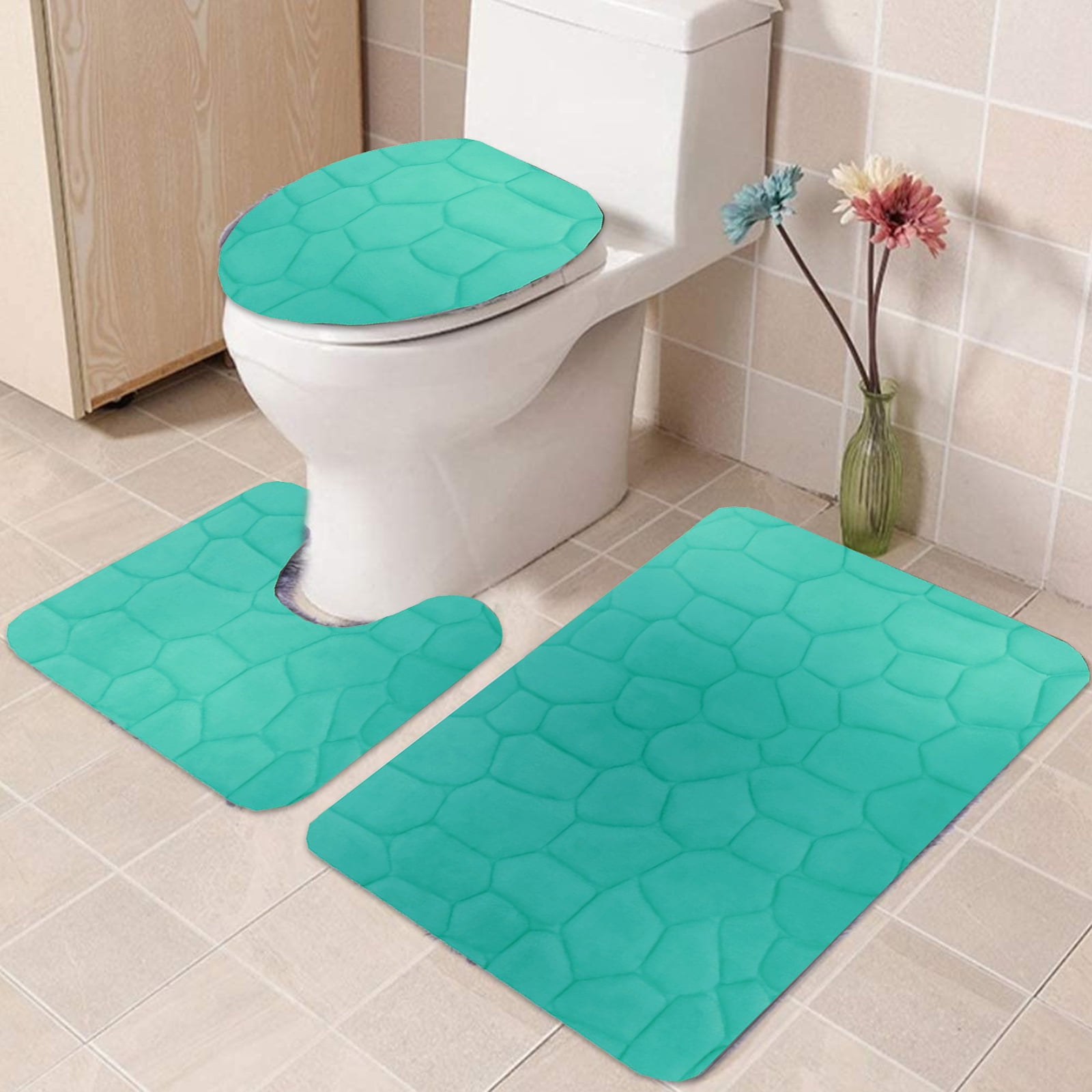 SAGE 3-Piece Rock Memory Foam Bathroom Mat Set, Flannel Embossed Rug 19x  30, Contour Mat 19x15, and Toilet Lid Cover 19x19 with Non-Skid Rubber  Back 