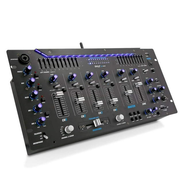 Pyle Mezclador de 6 canales Controlador DJ con Bluetooth, sistema de mezcla digital de sonido profesional con iluminación LED, controles deslizantes, control de velocidad, ecualizador de 10 bandas, si