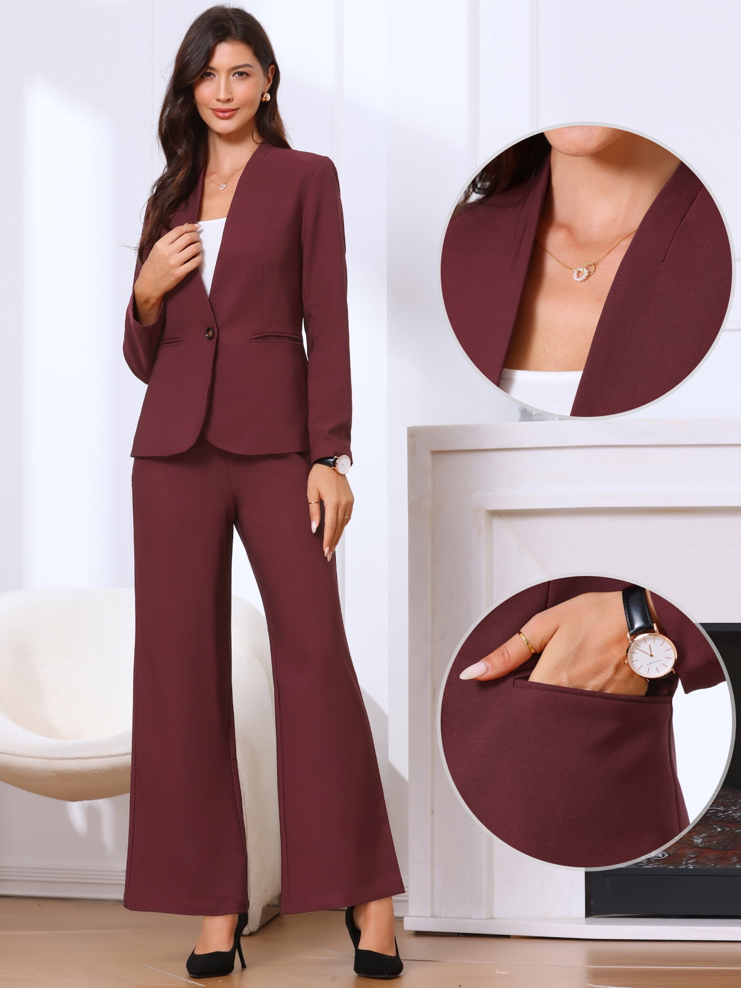 DARING DIVA Women's Dressy 2 Pieces Office Blazer and Pants Set S Dark Red