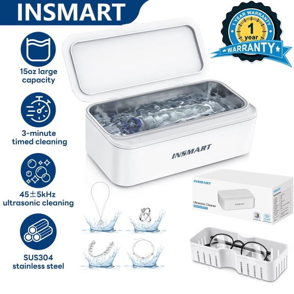 INSMART Ultrasonic Jewelry Cleaner, 45kHz Gentle 360° Cleaning with 450ml Stainless Steel Tank, Quiet & Portable for Jewelry, Glasses, Retainer, Dentures