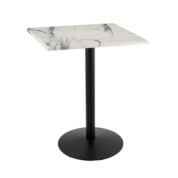 Indoor/Outdoor 42" Tall OD214 Black Table Base with 22" Diameter Foot and 30" x 30" Square Indoor/Outdoor White Marble Top by the Holland Bar Stool Co.