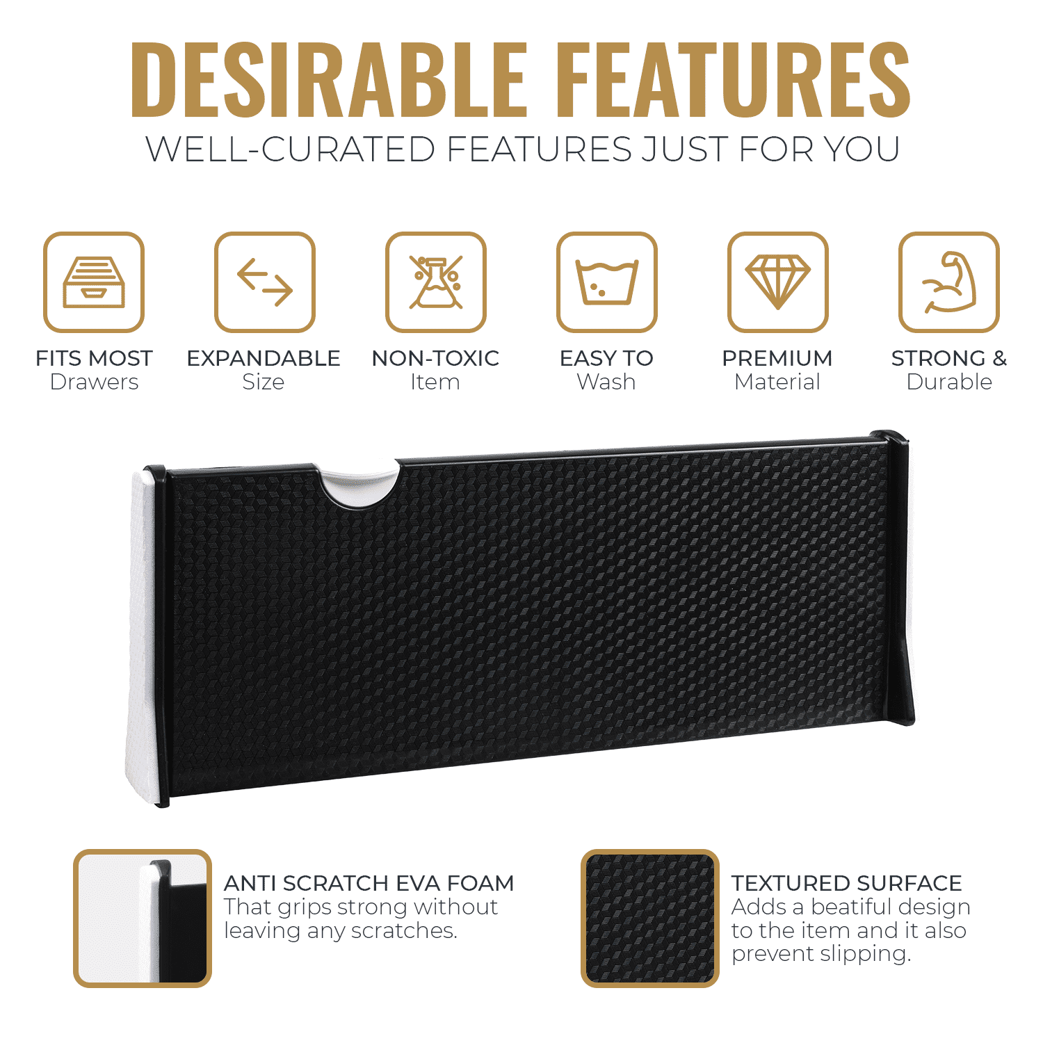 Rapturous Adjustable Drawer Divider, 5” Tall, Extends 13” - 22”, 5 Pack, Black
