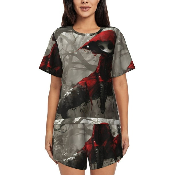 Fotbe Dark Red Hooded Girl Conjunto de Pijama Estampado para Mujer, 2 Piezas, Ropa de Dormir con Camiseta de Manga Corta y Shorts Suaves-Large