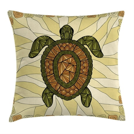 Turtle Throw Pillow Cushion Cover, Stylized Turtle Zentangle on Yellow Background Spiral Forms Bohemian Artwork, Decorative Square Accent Pillow Case, 16 X 16 Inches, Yellow Green Brown, by Ambesonne