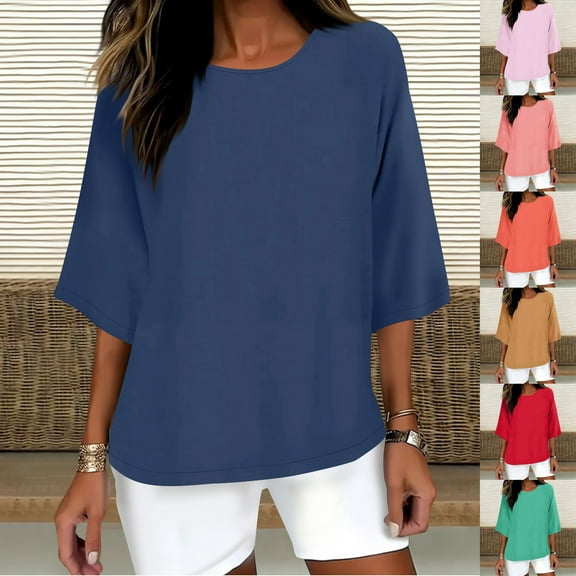 Summer Fashion 3/4 Sleeve T Shirts for Women Plus Size Solid Color Crew Neck Casual