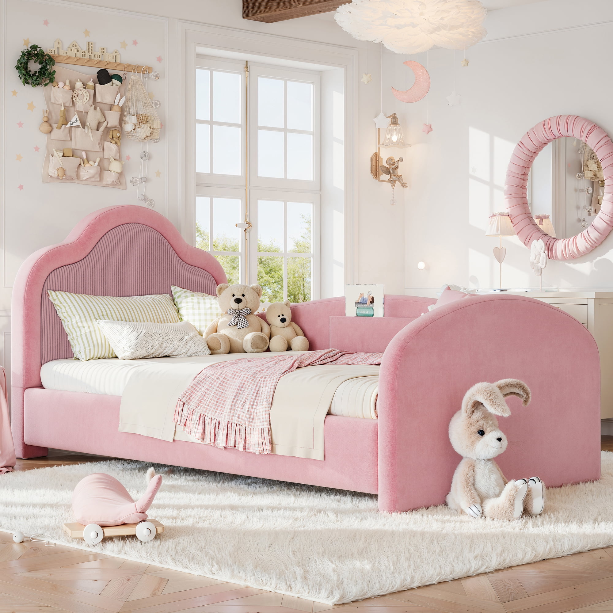 HOQBN Twin Size Curved Headboard Upholstered Floor Bed, Upholstered Kids Bed Frame with Safety Side Rails and Storage Pocket, Low Floor Playhouse Bed for Kids Bedroom,Pink
