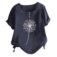 thumbnail image 2 of Womens T Shirts Women's Summer Round Neck Button Cotton and Linen Dandelion Print Short Sleeve T Shirt Top Blouse Tops for Women, 2 of 3