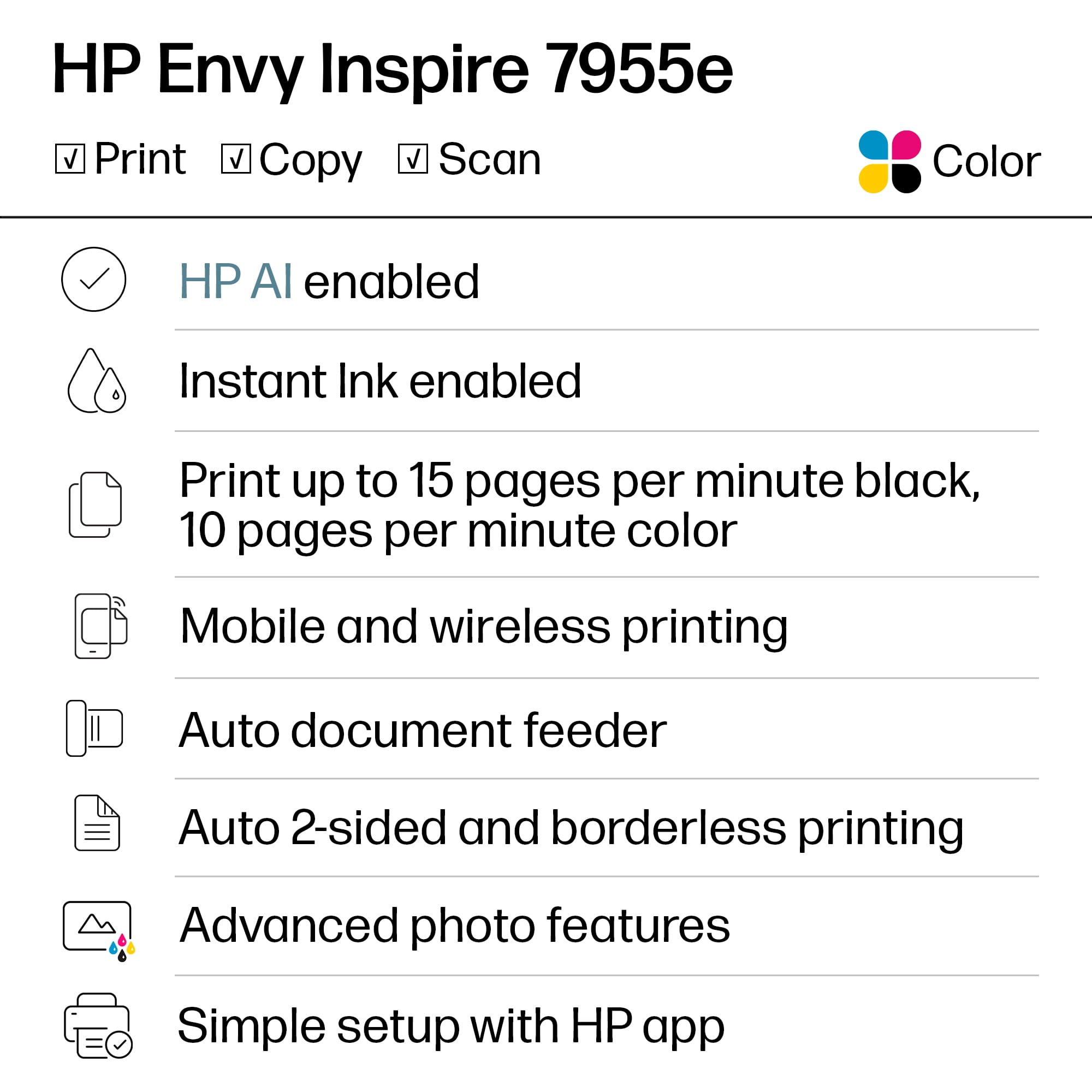 HP Envy Inspire 7955e Wireless All-in-One Color Photo Printer, Scan, copy, 3 months free Instant Ink