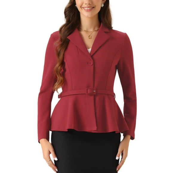 Blazer de trabajo peplum con cinturón de manga larga y solapa de muesca para mujer INSPIRE CHIC en rojo profundo
