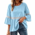 thumbnail image 5 of ClodeEU Women's Round Neck Lace Bell 3/4 Sleeve Tiered Peplum Blouse,Casual Loose Flowy Summer Tunic Top Blue,Women's Plus L, 5 of 8