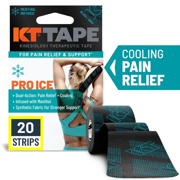 KT Tape Pro Ice Kinesiology Tape with Cooling Menthol for Dual-Action Pain Relief, Black, 20 Count
