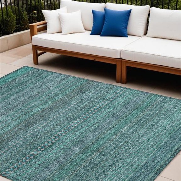 HomeRoots 560797 10 x 14 ft. Turquoise Striped Washable Non Skid Indoor Outdoor Rectangle Machine Woven Area Rug