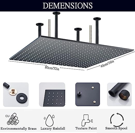 16" x 32" Matte Black Showerhead Square Stainless Steel High Pressure