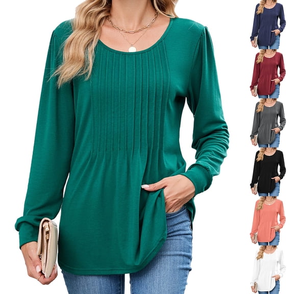 NuoCaiYun Women Long Sleeve T Shirts Casual Tops Dressy Blouses Fashion Pleated Tunic Striped Loose-Fit Blouses