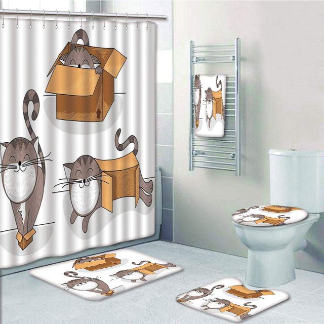 EREHome Chat Dessin Animé Chat Essayant de S'Adapter à Différentes Boîtes en Carton de Taille Compagnon Domestique 5 Pièce Salle de Bain Ensemble Douche Rideau Serviette de Bain Tapis Tapis Tapis et Couvercle de Toilette