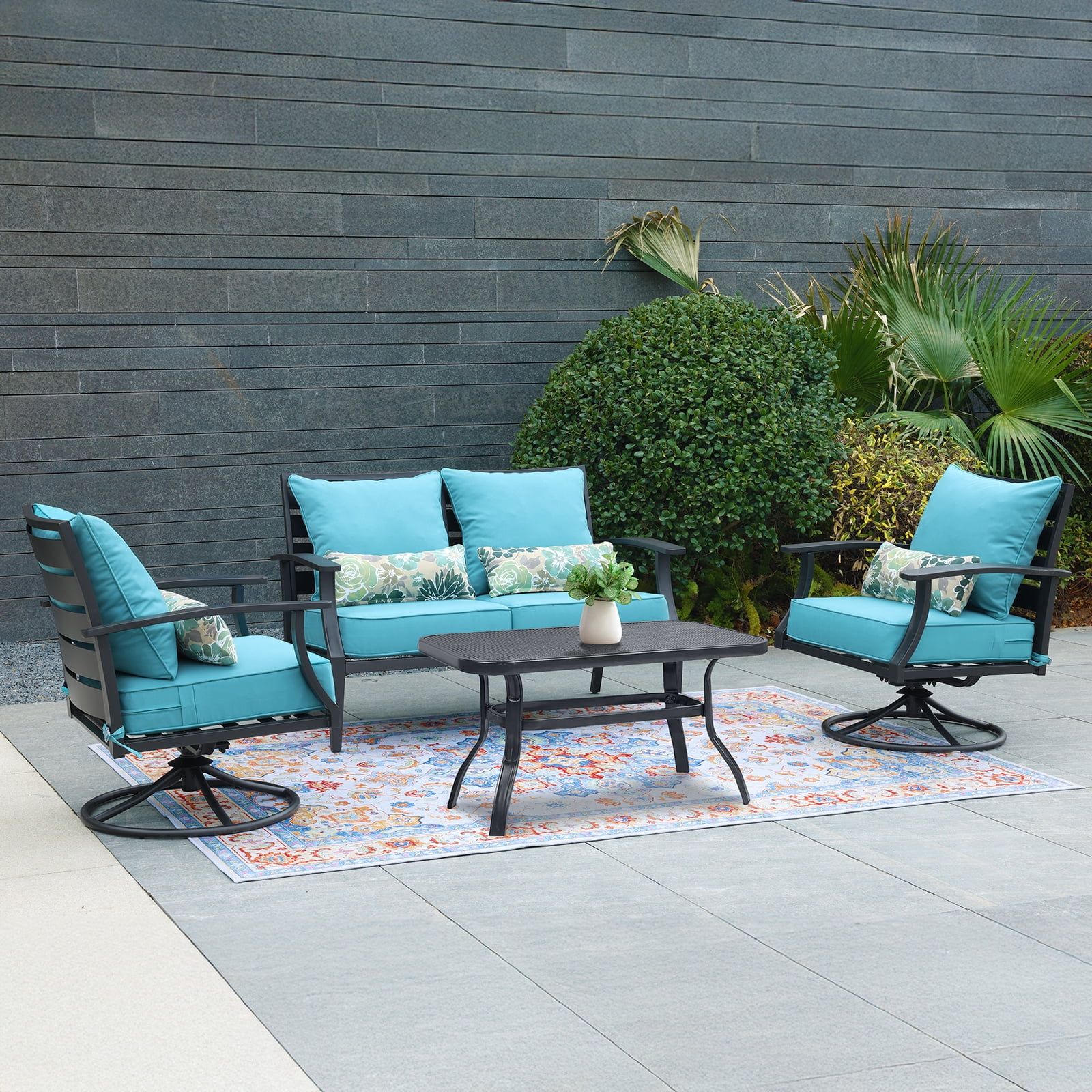 Aoodor 23"x26" Patio Chair Cushions Set, Memory Foam Outdoor Seat Cushions (Set of 2 Seats, 2 Backs, 2 Lumbar Pillows) - Blue