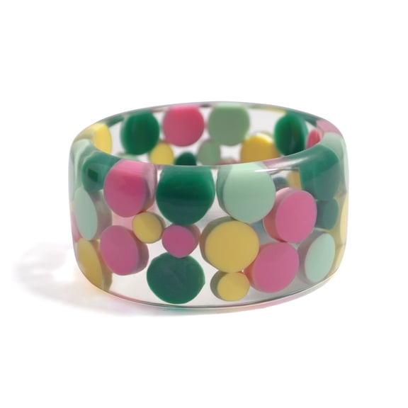 Pure Hands Polka Darling – Handcrafted Resin Bangle, Vibrant Polka Dot Design in Clear Lucite, Straight Profile with Bevelled Edges, Satin Finish
