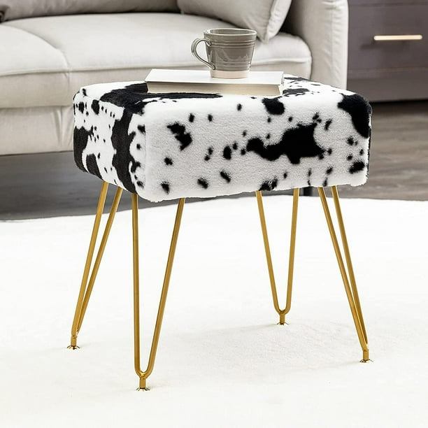 Modern Mink Square Footstool Vanity Bench, Cow Print Furry Faux Fur