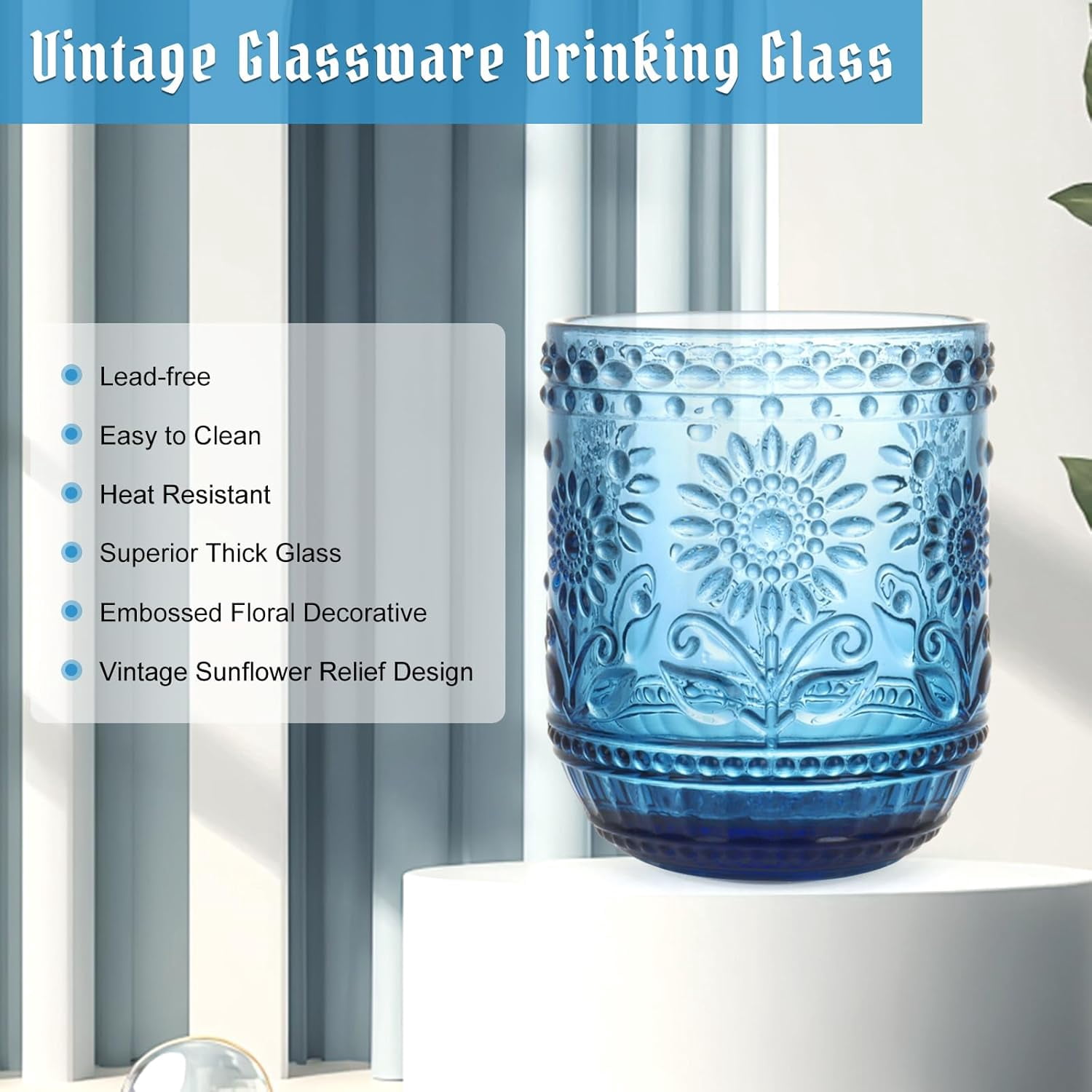 NANAHuang Vintage Drinking Glass Set of 4,12 oz Embossed Floral Drinkware Set,Green Drinking Glasses Cups Wine Glasses Colored Glassware for Whisky,Beer,Juice,Cocktail,Heavy Duty