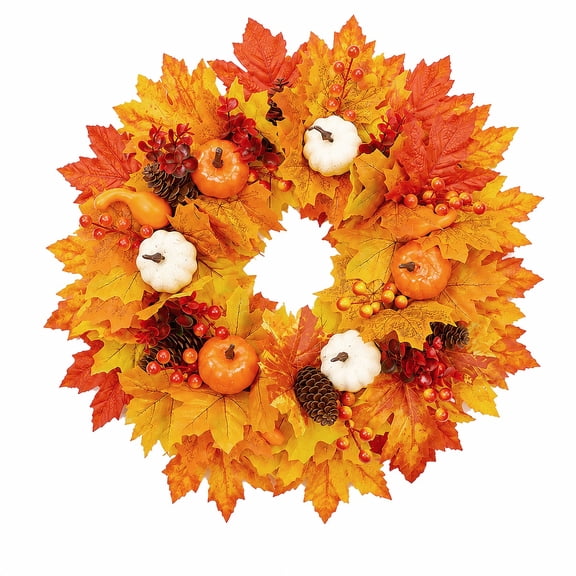 Fall Wreath, Fall Wreath with Maple Pumpkin,18 inch Autumn Sign Wreaths for Front Porch Home Decor Thanksgiving Decorations
