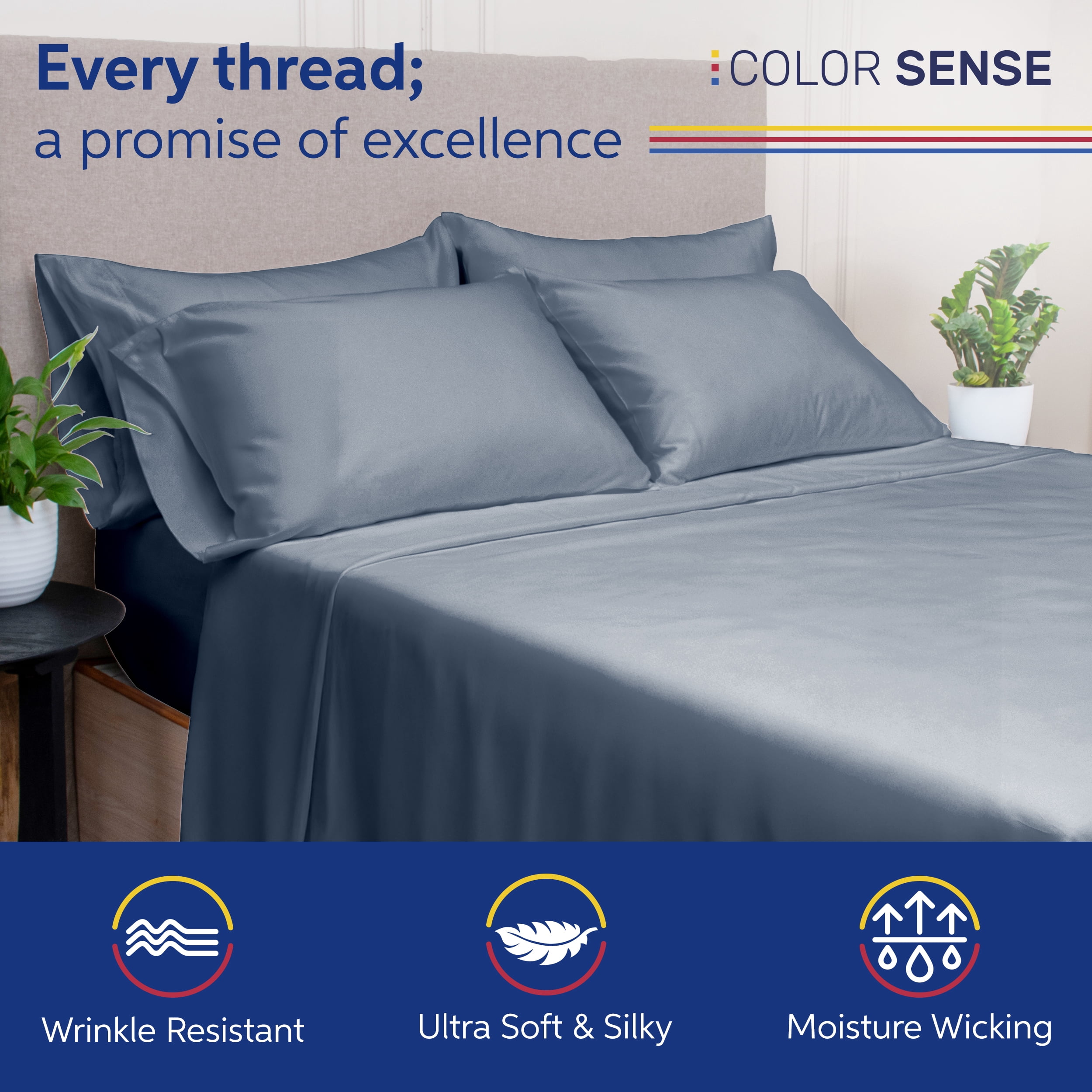 Color Sense 6-Piece 800 Thread Count Blue Cotton Rich Adult Bed Sheet Set, Full - Deep Pocket