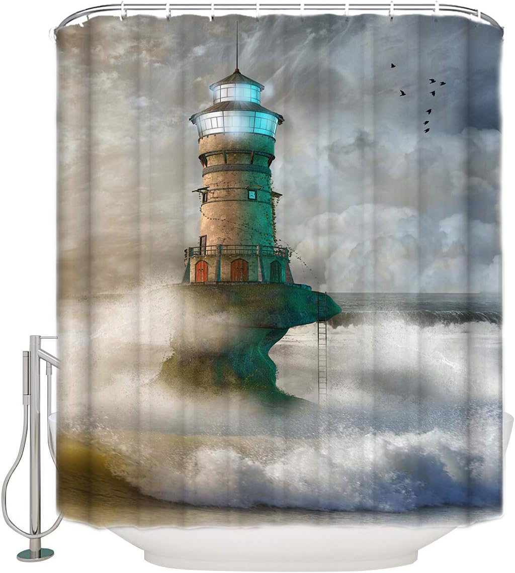 JOOCAR Scenic Lighthouse Fog Bird Shower Curtain 72x72 Inch, Shower