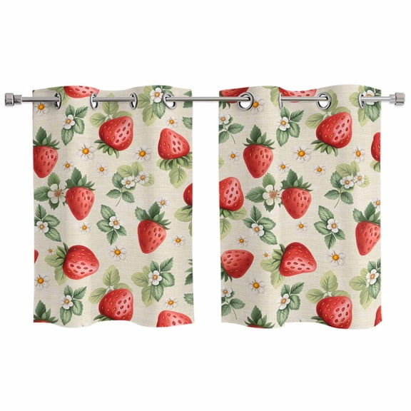 Red Strawberry Kitchen Curtains Window Panels, Summer Fruits Farmhouse Leaves Floral Retro Insulated Window Treatment Curtain, Grommet Curtains for Bedroom/Living Room/Bathroom, 2 Piece 27.5"Wx39"L