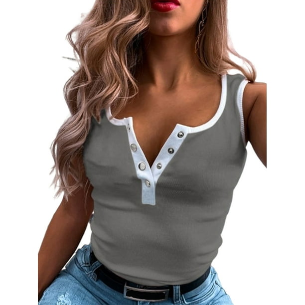 Bellella Women T Shirts Solid Color Tank Tops Henley Neck Vest Bohemian  Sleeveless Camisole Party Blouse Gray 5XL