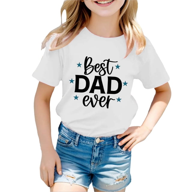 NINGMENG Hauts et T-Shirts pour Bébés Filles Été Fête des Pères Imprimé Lettre Col Rond Manches Courtes T-Shirts Décontractés Amples, Blanc, 18-24 Mois