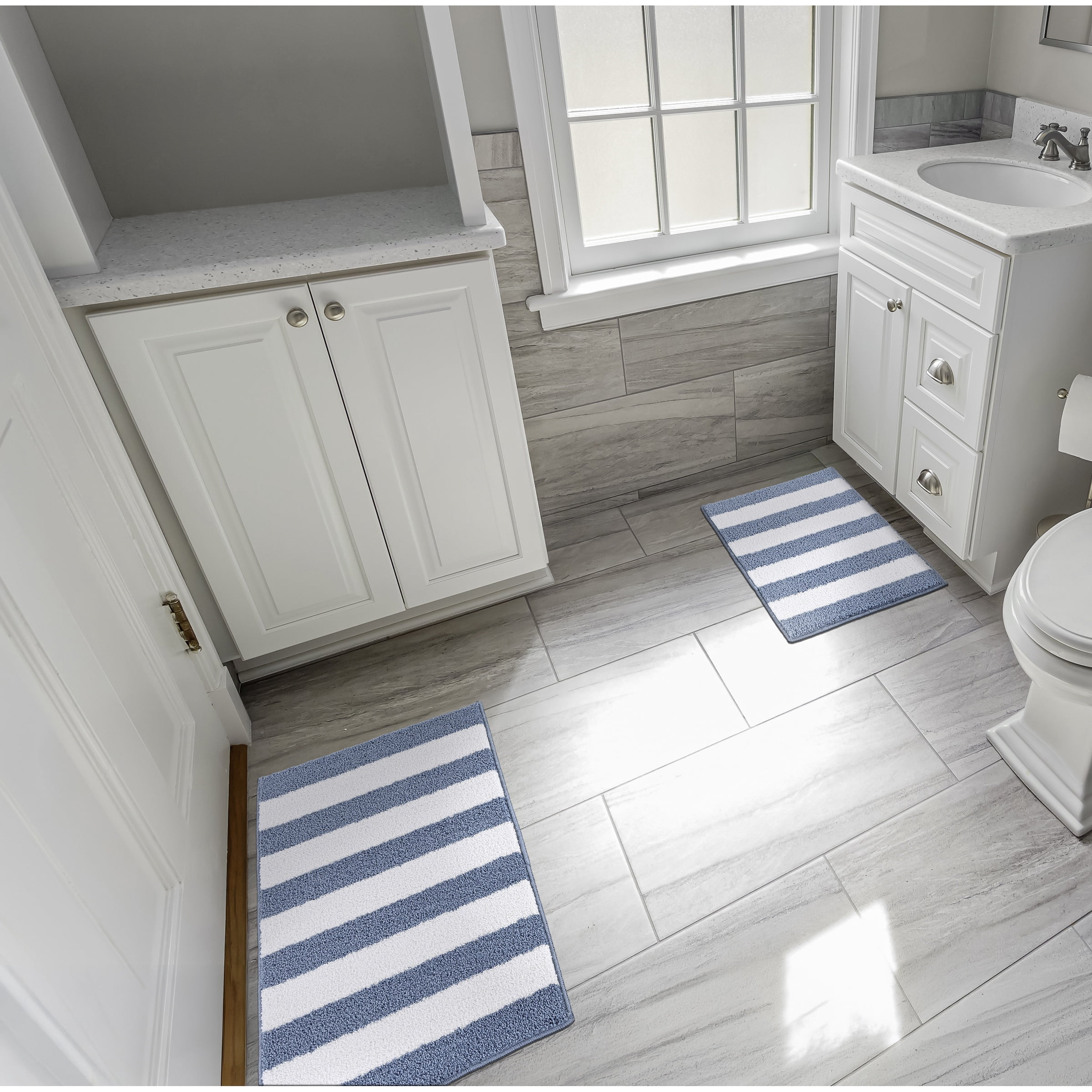 Garland Rug Beach Stripe Washable Bath Rug Set, 2 Piece Set (17"x24" Bath Rug, & 21"x34" Bath Rug) Basin Blue/White