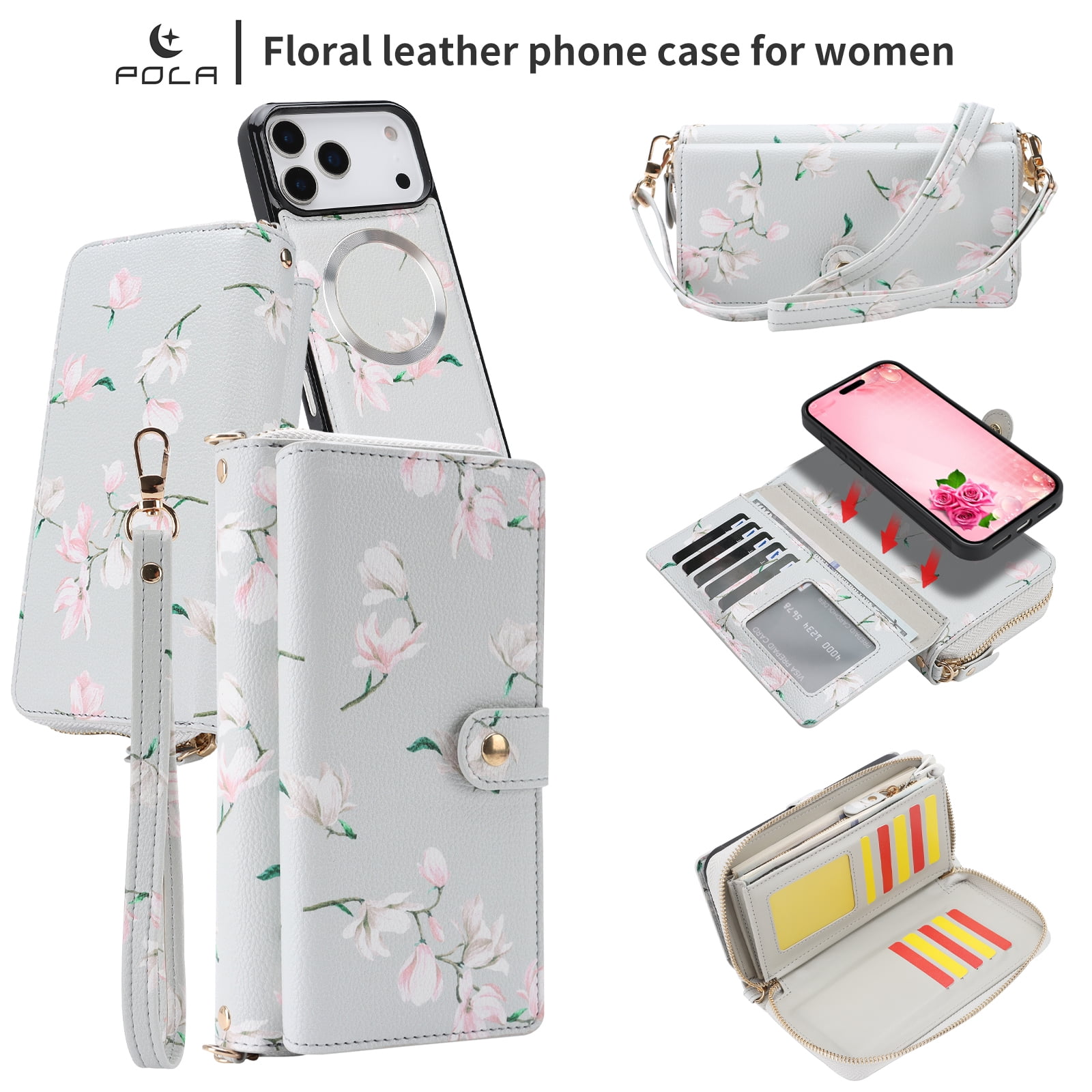 TECH CIRCLE 2-in-1 Wallet Case for iPhone 16 Pro (6.3", 2024), Detachable Magnetic Back Cover, Flip Flower Phone Case with 15 Card Slots, Zipper Pocket, Crossbody Strap, Wrist Strap, Gray