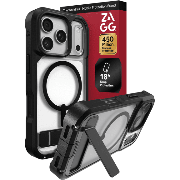 ZAGG Rugged Case - Apple iPhone 18 Pro & 17 Pro Case with MagSafe and Built-In Kickstand – Clear/Black