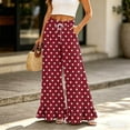 thumbnail image 2 of Heart & Polka Dot Print Wide Leg Pants - Ruffle Hem High Waisted Palazzo Trousers with Pockets, Drawstring Casual Lounge Pants Wine L, 2 of 7