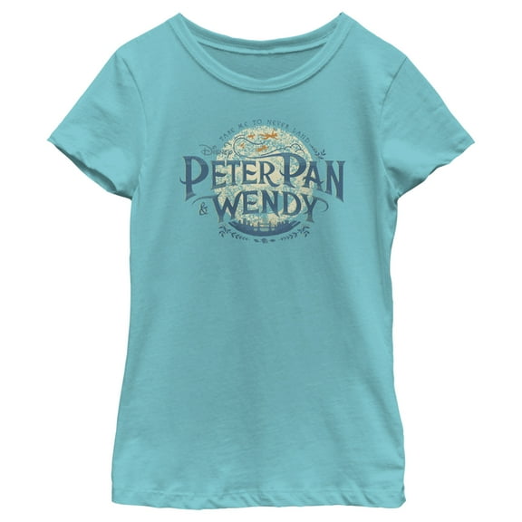 Girl's Peter Pan & Wendy Take Me to Never Land Distressed Logo  Graphic Tee Tahiti Blue Small