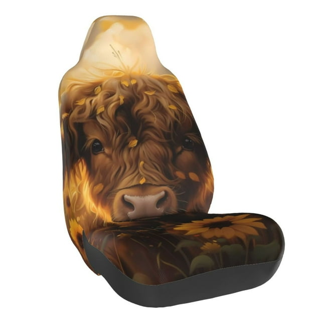 Wukai Cute Cow Sunflower Field Full Set Car Seat Covers with Soft Padding Universal Auto Front Seats Protector and Cushion Mat