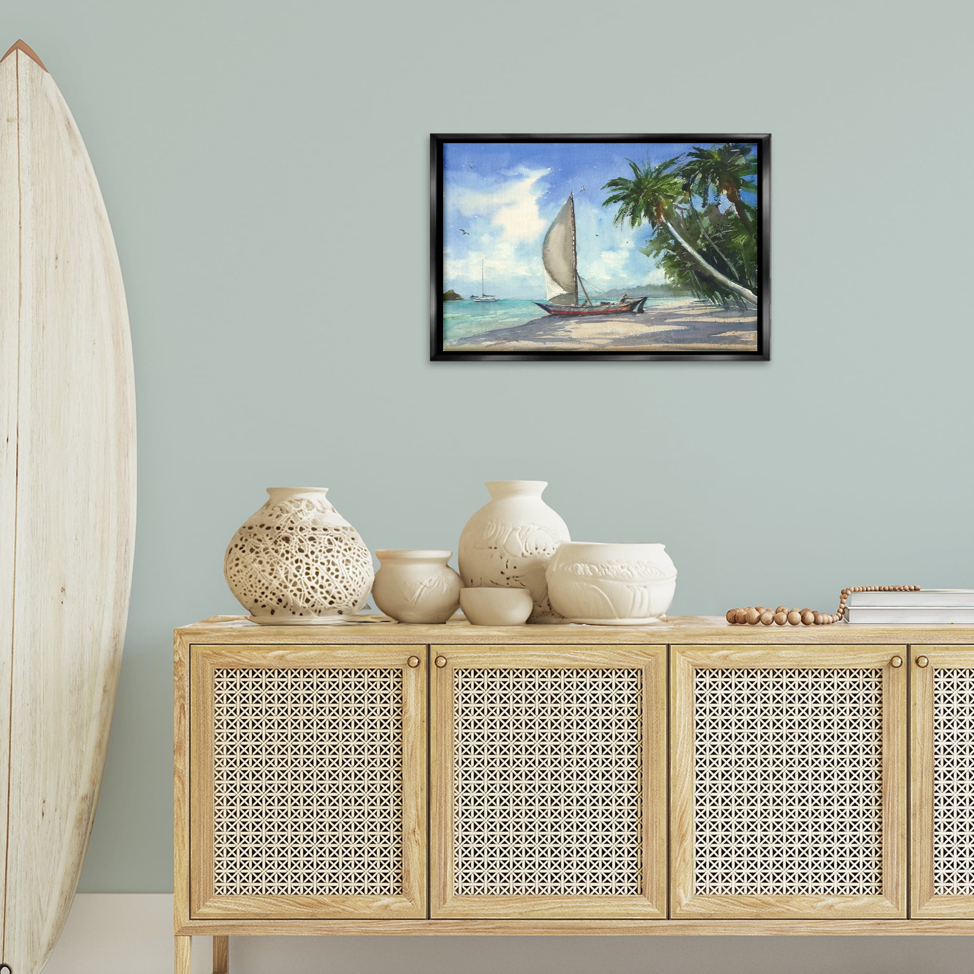 Stupell Industries High & Dry Boat on Shore Nautical & Beach Painting Black Floater Framed Canvas Art Print Wall Art, 25 x 17