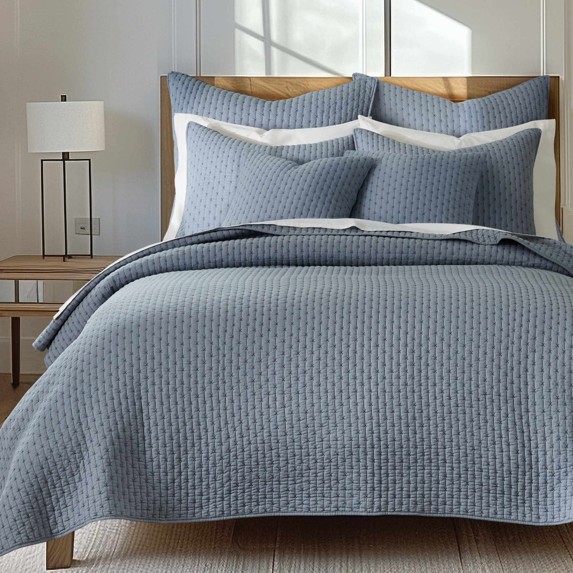 Levtex Home - Cross Stitch Chambray Quilt Set - King Quilt + Two King Pillow Shams - Cross Stitched Pattern - Quilt Size (106x92in.) and Pillow Sham Size (36x20in. ) - Reversible - Cotton Fabric