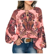 Ichuanyi Womens Tops, Summer Clearance Women O-neck Beach Printing Leisure Time On Vacation Long Sleeves Tops
