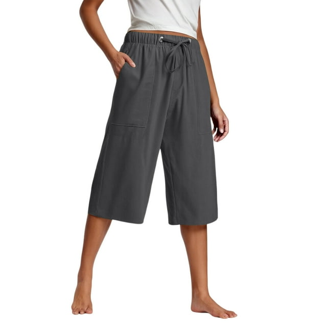 Kaemgyyd Womens Plus Size Capris Lounge Drawstring Cotton Linen Bermuda Shorts Flowy Wide Leg Beach Vaction Cropped Trousers