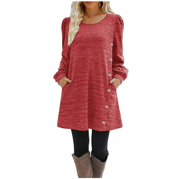 WREESH Womens Fashion Long Puff Sleeve Dress Side Button Casual Solid Color Long Sleeve Round-Neck Calf Dress Pullover Red