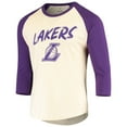 thumbnail image 2 of Men's Fanatics LeBron James Cream/Purple Los Angeles Lakers Raglan 3/4 Sleeve T-Shirt, 2 of 3