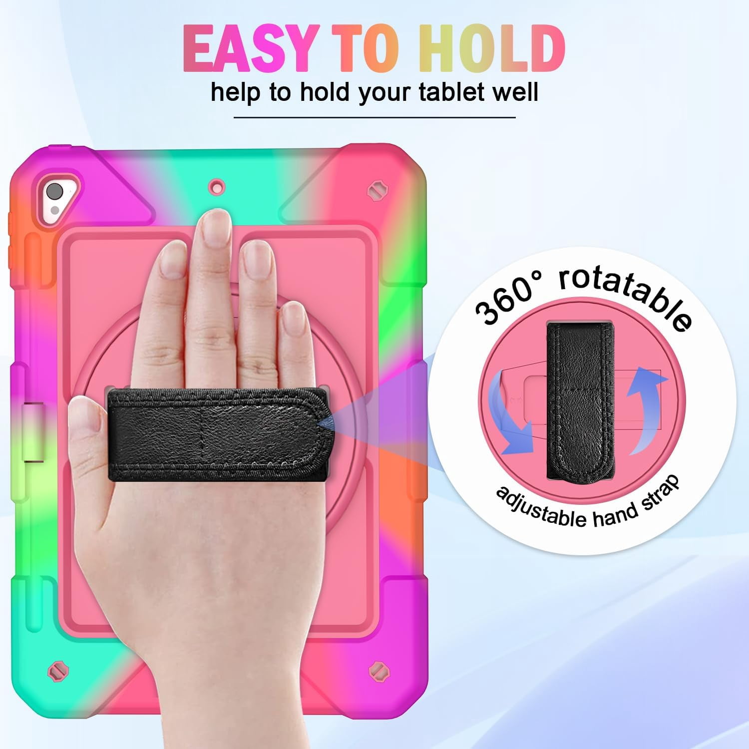 SUPNICE Rugged Case for iPad 9.7 Inch 2018/2017, 3 Layer Hybrid Shockproof [360 Rotating Stand] [Hand Strap] [Pencil Holder] Kids Case, iPad 6th Generation Case, iPad 5th Generation Case, Pink