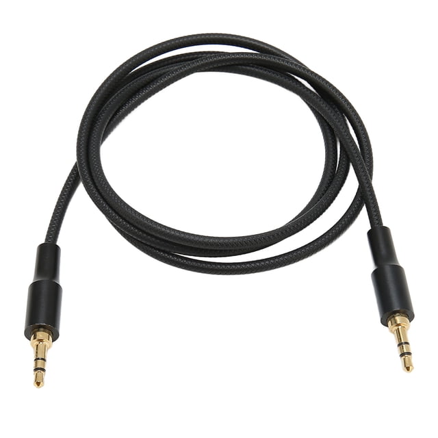 cable auxiliar de sonido macho a macho de 3 5 mm cable auxiliar profesional de 3 5 mm de 3 3 pies para altavoces para auriculares Aprox. 1 m/3,3 pies cable auxiliar estéreo Anggrek, vista frontal centrada de un cable negro trenzado con conectores macho de 3.5 mm en ambos extremos y manguitos cilíndricos negros, útil para conectar salida auxiliar a entrada auxiliar y reparar auriculares.